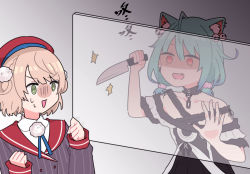 2girls @_@ animal_ears beret black_dress blonde_hair cat_ears commentary crazy_smile dress earrings empty_eyes fang glass_wall green_eyes green_hair hair_ornament hat hololive indie_virtual_youtuber jewelry knife low_twintails multiple_girls open_mouth pom_pom_(clothes) pom_pom_hair_ornament red_eyes red_headwear sakana_(saka11205) shigure_ui_(vtuber)_(1st_costume) shigure_ui_(vtuber) sleeves_past_wrists smile sweat symbol-only_commentary twintails uruha_rushia uruha_rushia_(3rd_costume) virtual_youtuber rating:Sensitive score:9 user:danbooru