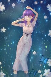 1girl arms_up bad_id bad_pixiv_id breasts bug butterfly closed_mouth collarbone collared_dress covered_navel crying crying_with_eyes_open dress fate/stay_night fate_(series) flower flower_on_water from_above hair_between_eyes hair_ribbon half-closed_eye half-closed_eyes highres hokori_sakuni insect light_particles long_dress long_hair looking_at_viewer lying matou_sakura medium_breasts official_alternate_costume on_back one_eye_covered purple_eyes purple_hair red_ribbon ribbon ripples sash short_sleeves sidelocks solo tears water wet wet_clothes wet_dress white_flower rating:Sensitive score:14 user:danbooru