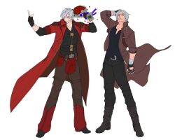 2boys backless_pants black_gloves bouquet coat dante_(devil_may_cry) devil_may_cry devil_may_cry_(series) devil_may_cry_4 devil_may_cry_5 dual_persona facial_hair fingerless_gloves flower gloves holding holding_bouquet male_focus mature_male multiple_boys muscular muscular_male pants red_coat simple_background smile touuax white_hair