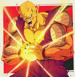  1boy angry antennae bare_shoulders biceps black_nails black_sash border bure_(fantasticyouth7) collarbone colored_skin commentary_request debris dougi dragon_ball dragon_ball_super dragon_ball_super_super_hero energy energy_ball fangs fingernails hands_up large_pectorals male_focus muscular muscular_male namekian no_eyebrows open_mouth orange_piccolo orange_skin outside_border pectorals piccolo pointy_ears red_eyes sash solo standing teeth thick_arms tongue torn_clothes v-shaped_eyebrows white_border  rating:General score:3 user:danbooru