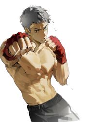  1boy absurdres bandaid bandaid_on_head black_shorts boxing_gloves character_request clenched_hand copyright_request fighting_stance fingerless_gloves gloves grey_eyes grey_hair highres lee999nine looking_at_viewer male_focus muscular muscular_male navel nipples pectorals red_gloves short_hair shorts simple_background solo sweatdrop topless v-shaped_eyebrows white_background 