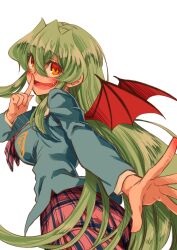  1girl bat_wings blush breasts commentary_request fang from_behind green_hair hair_between_eyes highres index_finger_raised jitsu_wa_watashi_wa long_hair masuda_eiji medium_breasts official_art open_mouth orange_eyes reaching reaching_towards_viewer school_uniform shiragami_youko simple_background smile solo twisted_torso underwear upskirt vampire very_long_hair white_background wings 