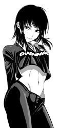  1girl artist_request chainsaw_man crop_top english_text hair_intakes midriff mifune_fumiko monochrome navel source_request  rating:Sensitive score:3 user:Xalrun