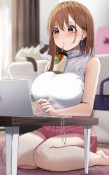  1girl at_computer blurry blurry_background blush breasts brown_eyes brown_hair bubble_tea_challenge cat computer drinking drinking_straw highres laptop large_breasts mole_on_body object_on_breast original pink_shorts short_hair shorts sitting solo typing udon_(udonalium) wariza 