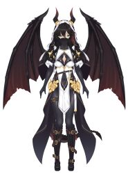  1girl absurdres arms_at_sides belt black_gloves black_hair breasts covered_navel cross cross-laced_footwear demon_girl demon_horns demon_tail demon_wings full_body gloves gradient_hair green_eyes highres horns medium_breasts mouth_veil multicolored_hair original pelvic_curtain pointy_ears red_hair sakuya_miu1186400038 slit_pupils smile solo standing straight-on tail two-tone_hair veil white_background wings 