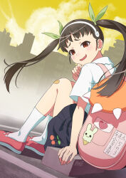  absurdres artist_name backpack bag bakemonogatari bandaid bandaid_on_knee bandaid_on_leg black_skirt brown_hair character_name city cloud collared_shirt commentary curled_fingers dress_shirt fang floating_hair girugiru_(tektonics6588) green_ribbon hachikuji_mayoi hair_ribbon hairband hand_on_ground hand_on_own_chin highres knees_up long_hair looking_at_viewer looking_back mary_janes monogatari_(series) on_ground parking_lot parted_lips pink_bag pink_footwear pleated_skirt raised_eyebrows red_eyes ribbon shirt shoes signature sitting skin_fang skirt sky skyline smile socks thick_eyebrows translated twintails twitter_username white_hairband white_shirt white_socks yellow_sky  rating:General score:4 user:danbooru