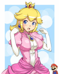 1boy 1girl black_hair blonde_hair blue_eyes blue_overalls blush border breasts brooch crown denki_showgun dress earrings elbow_gloves facial_hair gloves hat highres jewelry large_breasts looking_at_another looking_at_viewer mario mario_(series) medium_breasts medium_hair mini_crown mustache nintendo outside_border overalls pink_dress princess_peach puffy_short_sleeves puffy_sleeves red_headwear red_shirt shirt short_hair short_sleeves simple_background smile stubble white_border white_gloves rating:Sensitive score:99 user:danbooru