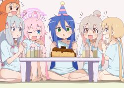  6+girls :d ;d ? absurdres ahoge bambi2000line barefoot birthday birthday_cake blonde_hair blue_archive blue_eyes blue_hair blue_shirt blunt_bangs blush bow bright_pupils brown_eyes cake center-flap_bangs chestnut_mouth chibi chibi_inset chibi_on_head clapping collarbone commentary_request cosplay crossover doma_umaru eromanga_sensei feet_out_of_frame food fork full_body futaba_anzu green_eyes grey_hair hair_between_eyes hair_bow hands_up happy hat highres himouto!_umaru-chan holding holding_fork holding_knife hoshino_(blue_archive) idolmaster idolmaster_cinderella_girls indian_style indoors izumi_konata izumi_sagiri knees_up knife legs_together light_brown_hair long_hair looking_at_another looking_at_food looking_down low-tied_long_hair low_twintails lucky_star mole mole_under_eye multiple_crossover multiple_girls notice_lines on_head one_eye_closed onii-chan_wa_oshimai! open_mouth orange_hair oyama_mahiro oyama_mahiro_(cosplay) party_hat pink_bow pink_hair shirt sidelocks simple_background single_bare_shoulder sitting smile soles straight_hair sweatdrop tareme toes trait_connection twintails v-shaped_eyebrows very_long_hair 