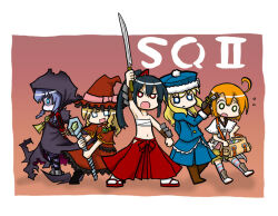  5girls :d :o ahoge arm_up bag bags_under_eyes bare_shoulders black_cloak black_hair black_sailor_collar blonde_hair blue_eyes blue_hair blue_hat blue_jacket blue_skirt blush boots bow braid brown_dress brown_footwear brown_gloves brown_hat bushidou_2_(sekaiju) cloak collarbone colored_eyelashes commentary_request copyright_name curse_maker_2 doctor_magus_4 dress etrian_odyssey fang fur-trimmed_headwear fur-trimmed_sleeves fur_trim glint gloves gun gunner_2_(sekaiju) hakama hat hat_bow hip_vent holding holding_gun holding_sword holding_weapon hood hood_up hooded_cloak jack_frost_(megami_tensei) jacket japanese_clothes katana knee_boots long_hair long_sleeves low_twintails medic_2_(sekaiju) multiple_girls naga_u navel open_mouth orange_hair parted_lips pink_bow pleated_skirt red_eyes red_footwear red_hakama sailor_collar sandals sarashi sekaiju_no_meikyuu sekaiju_no_meikyuu_2 shaded_face short_eyebrows skirt smile socks sword tabi twin_braids twintails v-shaped_eyebrows very_long_hair wavy_mouth weapon white_jacket white_socks witch_hat zouri 