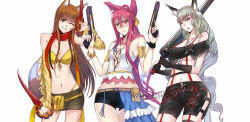  3girls animal_ears belt_pouch black_gloves blazblue blue_eyes blue_hair breasts brown_hair cat_ears cat_girl cat_tail cleavage commission copyright_request cosplay final_fantasy final_fantasy_x final_fantasy_x-2 frown glasses gloves gradient_hair green_hair gun highres holding holding_gun holding_weapon holo kokonoe_(blazblue) long_hair looking_at_viewer medium_breasts miniskirt multicolored_hair multiple_girls navel one_eye_closed open_mouth orange_eyes paine_(ff10) paine_(ff10)_(cosplay) panty_straps parted_lips pink_hair pouch red_eyes rikku_(ff10) rikku_(ff10)_(cosplay) short_shorts shorts skirt smile spice_and_wolf sword swordwaltzworks tail teeth thighs two-tone_hair v weapon white_background wolf_ears wolf_girl wolf_tail yuna_(ff10) yuna_(ff10)_(cosplay) yuzuruha 