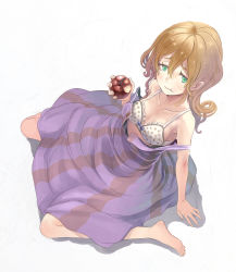  1girl :t apple arm_support barefoot blonde_hair bra breasts brown_hair clothes_pull collarbone dress dress_pull eating face feet food from_above frown fruit green_eyes highres k-on! kotobuki_tsumugi lingerie long_hair looking_at_viewer necolab off_shoulder open_clothes polka_dot polka_dot_bra sitting small_breasts solo strap_slip toes unbuttoned underwear wariza  rating:Sensitive score:13 user:danbooru