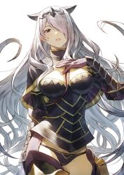  1girl armor black_armor black_capelet black_horns black_panties breasts camilla_(fire_emblem) capelet cleavage commentary_request fagi_(kakikaki) fake_horns fire_emblem fire_emblem_fates gloves gold_trim hair_over_one_eye highres horns large_breasts lips long_hair nintendo panties parted_lips pink_lips purple_eyes purple_gloves purple_hair simple_background solo underwear very_long_hair white_background 