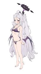  1girl ahoge arms_at_sides bare_legs bare_shoulders blue_archive blush bra dorontabi feet halo hina_(blue_archive) long_hair looking_at_viewer midriff navel panties purple_bra purple_eyes purple_panties shaking simple_background solo tiptoes underwear white_background white_hair wings  rating:Sensitive score:21 user:zxcvclick