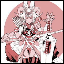  1girl bad_id bad_pixiv_id horns japanese_clothes kikukawa_norihiko monochrome original solo sword thighhighs weapon 