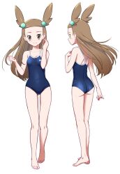  1girl ass bare_arms bare_legs barefoot blue_one-piece_swimsuit blush breasts brown_hair clenched_hand closed_mouth collarbone commentary_request creatures_(company) eyelashes game_freak grey_eyes hair_bobbles hair_ornament hand_up jasmine_(pokemon) kneepits knees long_hair looking_at_viewer multiple_views nintendo one-piece_swimsuit pokemon pokemon_gsc saitou_teikoku shoulder_blades simple_background small_breasts smile swimsuit toes two_side_up white_background 