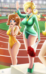  3girls blonde_hair blue_eyes breasts brown_hair bulge cameltoe cleft_of_venus covered_erect_nipples crown erection erection_under_clothes flower futanari high_heels highres long_hair looking_at_penis mario_&amp;_sonic_at_the_olympic_games mario_&amp;_sonic_at_the_rio_2016_olympic_games mario_(series) multiple_girls nintendo open_mouth penis_awe platform_footwear platform_heels princess_daisy princess_peach rosalina rose smile super_mario_bros._1 super_mario_galaxy super_mario_land waving  rating:Questionable score:41 user:Wendy_Marvell