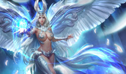 1girl absurdres angel armor armpits bikini_armor blonde_hair blue_eyes breasts closed_mouth commentary_request detached_collar feathers gem glowing groin headgear heart highres large_breasts league_of_angels li_miao long_hair navel orb parted_bangs realistic revealing_clothes showgirl_skirt smile solo white_hair white_wings wings rating:Sensitive score:25 user:danbooru
