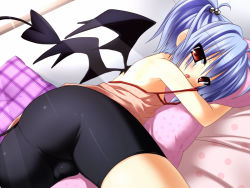 1boy ass ass_focus bike_shorts blue_hair blush body_pillow bulge camisole demon_boy from_behind hug hugging_object kurobuchi_aqua looking_at_viewer looking_back lying male_focus on_stomach original pillow pillow_hug red_eyes rionoil short_hair shota skin_tight solo strap_slip tail thighs trap twintails wings rating:Questionable score:120 user:danbooru