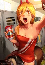  1girl arm_up armpits astronaut bare_shoulders blonde_hair blush breasts chainsaw_man cleavage collarbone commentary cowboy_shot cross-shaped_pupils english_commentary fisheye grass hand_up highres horns horse horseback_riding in_locker indoors khyle. locker locker_room long_hair looking_at_viewer medium_breasts old_spice open_mouth parody patreon_username power_(chainsaw_man) red_eyes red_horns red_towel riding sharp_teeth solo_focus straight_hair symbol-shaped_pupils teeth towel 