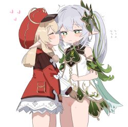  2girls after_kiss ahoge bare_shoulders blonde_hair bloomers blush blush_stickers brown_gloves cleft_of_venus closed_eyes clothes_lift detached_sleeves dress dress_lift face-to-face flying_sweatdrops genshin_impact gloves gradient_hair green_eyes green_hair grey_hair groin hair_ornament hat heart jacket klee_(genshin_impact) licking lifting_another&#039;s_clothes loli long_hair long_sleeves low_twintails matcha_(mattyan) multicolored_hair multiple_girls nahida_(genshin_impact) no_panties open_mouth pointy_ears pussy red_dress red_hat red_jacket saliva saliva_trail short_dress side_ponytail simple_background sleeveless sleeveless_dress standing symbol-shaped_pupils thighs tongue tongue_out trembling twintails two-tone_hair underwear very_long_hair white_background white_bloomers white_dress yuri  rating:Explicit score:223 user:danbooru