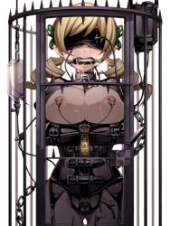 10s 1girl bdsm bit_gag blindfold blonde_hair bondage bound breasts cage chain collar drill_hair female_focus gag gagged gluteal_fold in_cage intravenous_drip large_breasts linked_piercing locked_arms long_hair mahou_shoujo_madoka_magica mahou_shoujo_madoka_magica_(anime) nipple_chain nipple_clamps nipple_piercing nipples piercing solo soul_gem straitjacket thigh_gap tomoe_mami torigoe_takumi twin_drills twintails rating:Questionable score:158 user:danbooru