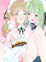 2girls nanashi_inc. animare breasts green_eyes green_hair hair_between_eyes heart highres hinokuma_ran inaba_haneru_(animare) lying medium_breasts multiple_girls nipples on_back open_mouth pussy sexual_coaching simple_background spread_legs spread_pussy sweat uncensored virtual_youtuber waon_41n rating:Explicit score:13 user:kein718