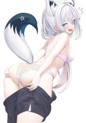  1girl ^^^ absurdres ahoge animal_ear_fluff animal_ears aqua_eyes arched_back armpit_crease arms_behind_back ass black_shorts black_tail bra breasts cameltoe commentary_request cowboy_shot earrings extra_ears fox_ears fox_tail hair_behind_ear hair_between_eyes hair_over_shoulder hands_on_own_ass highres holding holding_clothes holding_shorts hololive hoop_earrings jewelry light_blush long_hair looking_back medium_breasts nekonosuke open_mouth outstretched_arms paid_reward_available panties parted_lips partially_undressed pentagram pink_bra see-through see-through_panties shiny_skin shirakami_fubuki shorts shoulder_blades single_bare_arm single_bare_shoulder single_earring solo tail turning_head two-tone_tail underwear unworn_shorts virtual_youtuber white_background white_hair white_panties white_tail 