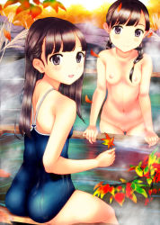  2girls ass black_hair blush breasts from_behind leaf loli multiple_girls nude outdoors pool pussy small_breasts swimsuit uncensored  rating:Explicit score:25 user:lolilogic