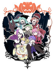 &gt;:d 2boys 5girls :d absurdres aku_no_musume_(vocaloid) akujiki_musume_conchita_(vocaloid) akutoku_no_judgement_(vocaloid) alternate_costume animal_ears animal_skull apple aqua_eyes aqua_hair bat_(animal) bat_wings black_cape blonde_hair blue_suit boots bow bowtie braid brown_eyes cape cat_ears cat_tail chibi choker cloak combat_boots commentary_request crazy_eyes creator_connection cross cross-laced_footwear crown demon demon_horns demon_wings domino_mask dress elbow_gloves enbizaka_no_shitateya_(vocaloid) evil_smile evillious_nendaiki fang fangs fingerless_gloves fire flower food forest formal frilled_dress frills fruit gloves goat_horns graveyard green_eyes green_hair grey_skirt gumi hair_flower hair_ornament hairclip hairpin halloween halloween_costume hand_on_own_chin hat hatsune_miku high_heel_boots high_heels highres holding holding_clothes hood horns ichi_ka iron_cross jack-o&#039;-lantern japanese_clothes judge kagamine_rin kaito_(vocaloid) kamui_gakupo kimono knee_boots kneeling lace-up_boots leaning_forward long_coat long_hair mask megurine_luka meiko_(vocaloid) mini_crown moonlit_bear_(vocaloid) multiple_boys multiple_girls nature nemesis_no_juukou_(vocaloid) nemesis_sudou nemurase_hime_kara_no_okurimono_(vocaloid) open_mouth outstretched_hand parasol patterned_clothing paw_print pigeon-toed pink_hair plant ponytail pumpkin purple_eyes purple_hair red_dress red_kimono riliane_lucifen_d&#039;autriche rose sandals seven_deadly_sins shirt short_hair side_braid silhouette simple_background skirt smile songover spoilers suit tail tombstone tower tuna umbrella updo v-shaped_eyebrows vampire venomania_kou_no_kyouki_(vocaloid) victorian vines vocaloid white_footwear wings witch witch_hat yellow_dress rating:Sensitive score:2 user:danbooru