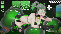  1girl absurdres animal_ear_headphones animal_ears asha bag_of_chips bikini bikini_top_only black_bikini black_footwear black_shorts black_socks blunt_bangs breasts cat_ear_headphones cleavage clenched_teeth commentary_request compression_sleeve controller cowlick fake_animal_ears fingernails full_body game_controller green_eyes green_nails green_theme grey_hair headphones high_ponytail highres holding holding_controller holding_game_controller kneeling large_breasts leaning_forward looking_at_viewer original paw_print shoes short_bangs short_hair shorts slime_(creature) sneakers socks solo swimsuit teeth television translation_request 