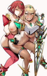1futa 1girl ass bakkanki bare_legs bare_shoulders blonde_hair breasts breasts_out censored chest_jewel fingerless_gloves from_above futa_with_female futanari gem gloves hand_on_another&#039;s_hip headpiece highres large_breasts long_hair mythra_(xenoblade) navel nipples open_mouth pyra_(xenoblade) red_hair selfcest sex shaded_face sidelocks simple_background sweat swept_bangs thigh_strap thighhighs tiara very_long_hair white_background wide_hips xenoblade_chronicles_(series) xenoblade_chronicles_2 yuri rating:Explicit score:246 user:Vardigiil