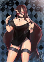 10s 1girl abyssal_ship argyle argyle_background argyle_clothes battleship_princess blackmoon breasts cleavage curvy demon_girl dress female_focus highres horns kantai_collection large_breasts long_hair red_eyes red_hair solo undressing very_long_hair rating:Questionable score:25 user:creck