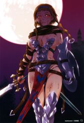  1girl absurdres armor belt bikini_armor blonde_hair blood blood_on_arm blood_on_armor blood_on_breasts blood_on_face blood_on_leg braid breasts buckle bursting_breasts cameltoe cleavage curvy full_moon glowing glowing_eyes hairband highres large_breasts legs leina_(queen&#039;s_blade) lips loincloth medium_hair moon night night_sky no_pupils official_art panties queen&#039;s_blade red_eyes revealing_clothes scan shield short_hair_with_long_locks side_braid sky solo strap sword thigh_gap thighs thong tsukino_jougi twin_braids twintails underwear weapon wide_hips 