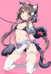  1girl @_@ animal_ears animal_hands apron artist_name bandaid_on_thigh bikini black_bikini black_choker black_gloves blush breasts brown_hair cat_ears cat_tail choker commentary dated english_commentary fake_animal_ears fake_tail gloves highres imouto_(karory) karory kneeling leash looking_at_viewer low_twintails maid_apron navel open_mouth original paw_gloves pink_background simple_background small_breasts solo swimsuit tail thigh_strap thighhighs twintails white_apron white_thighhighs  rating:Sensitive score:18 user:danbooru