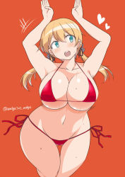  1girl bikini blonde_hair blue_eyes blush breasts cleavage heart kantai_collection large_breasts long_hair motion_lines open_mouth prinz_eugen_(kancolle) solo sweat swimsuit twintails wedge_(tyrl_stride) wide_hips  rating:Sensitive score:24 user:vicbauss