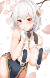  1girl absurdres azur_lane blush braid breasts cherry_blossoms dress floral_background gloves hand_on_own_head haneramu highres large_breasts looking_at_viewer medium_hair petals red_eyes silver_hair sirius_(azur_lane) sirius_(azure_horizons)_(azur_lane) solo standing thighs white_gloves  rating:Questionable score:20 user:danbooru