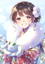  1girl absurdres blush brown_eyes brown_hair floral_print fur_trim gloves hair_ornament highres holding ice japanese_clothes kimono lips long_sleeves looking_at_viewer morikura_en original parted_lips scan sidelocks simple_background smile snow snow_rabbit solo upper_body 