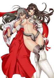 2girls absurdres armor bikini_armor black_hair breasts cleavage cosplay costume_switch curvy dyed_bangs echidna echidna_(cosplay) echidna_(queen&#039;s_blade) echidna_(queen's_blade) eiwa headband highres hip_focus japanese_clothes large_breasts long_hair miko multiple_girls musha_miko_tomoe pointy_ears purple_eyes queen&#039;s_blade revealing_clothes ribbon-trimmed_sleeves ribbon_trim sword thighhighs tomoe_(queen&#039;s_blade) tomoe_(queen&#039;s_blade)_(cosplay) tomoe_(queen's_blade) underboob veteran_mercenary_echidna weapon wide_hips yuri rating:Questionable score:66 user:danbooru