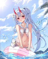 1girl absurdres bag bikini blue_archive blue_hair blue_sky breasts chise_(blue_archive) chise_(swimsuit)_(blue_archive) cleavage cloud cloudy_sky commentary_request day feet_out_of_frame flower hair_between_eyes hair_flower hair_ornament halo handbag highres horns in_water innertube long_hair looking_at_viewer navel ocean official_alternate_costume oni_horns open_mouth outdoors parted_lips red_eyes sailor_collar see-through_camisole shiriaru_(jjonaeng) shoulder_bag side_ponytail sidelocks sky small_breasts solo splashing standing stomach striped_bikini striped_clothes sun sunlight swim_ring swimsuit very_long_hair water water_drop rating:Sensitive score:12 user:danbooru
