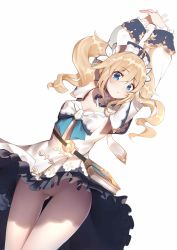 1264222972 1girl absurdres arms_up barbara_(genshin_impact) blonde_hair blue_eyes book bow bowtie breasts cameltoe cleavage dress frilled_dress frilled_skirt frills genshin_impact hair_ornament hat highres long_sleeves looking_at_viewer no_panties pantyhose parted_lips pussy simple_background skin_tight skirt solo takeuchisekei twintails upskirt white_background white_pantyhose wind wind_lift rating:Explicit score:130 user:danbooru