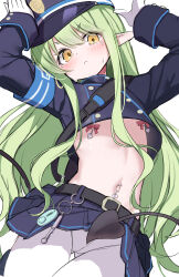  &gt;:( 1girl absurdres armband arms_up belt belt_buckle black_belt black_tail blue_archive blue_armband blue_hat blue_jacket blush buckle buttons cameltoe charm_(object) cleft_of_venus closed_mouth collared_jacket cropped_jacket demon_girl demon_tail double-breasted gloves gluteal_fold green_hair hat highres hikari_(blue_archive) jacket long_hair long_sleeves looking_at_viewer miniskirt navel navel_piercing onibi_(will_o_wisp24) pantyhose piercing pleated_skirt pointy_ears shako_cap simple_background skirt solo sweat tail tearing_up train_conductor v-shaped_eyebrows whistle white_background white_gloves white_pantyhose yellow_eyes 