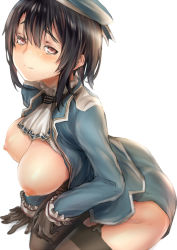 10s 1girl arm_support black_gloves black_hair black_thighhighs blurry blush breasts breasts_out depth_of_field garter_straps gloves hat highres kantai_collection large_breasts looking_at_viewer nipples red_eyes sabaku_no_tanuki short_hair simple_background sitting solo takao_(kancolle) thighhighs white_background rating:Questionable score:65 user:danbooru