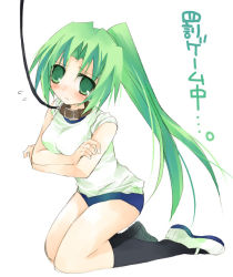00s buruma collar green_hair gym_uniform higurashi_no_naku_koro_ni kneeling leash ponytail socks solo sonozaki_mion suzushiro_kurumi rating:Sensitive score:0 user:danbooru