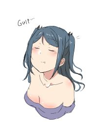  1girl absurdres blue_hair breasts cleavage clip_(368806sd) closed_eyes head_back highres mini_person miniboy original simple_background size_difference soft_vore swallowing two_side_up upper_body vore white_background 