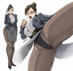 1girl alternate_costume alternate_hairstyle ass belt bespectacled black_panties blazer breasts brown_pantyhose cameltoe capcom chun-li clenched_hand collage commentary_request earrings glasses gluteal_fold grey_skirt hair_bun high_heels highres jacket jewelry kicking large_breasts mature_female office_lady open_mouth panties panties_over_pantyhose pantyhose pencil_skirt semi-rimless_eyewear shibusun shirt side_slit single_hair_bun skirt solo street_fighter street_fighter_v teacher thick_thighs thighs under-rim_eyewear underwear upskirt white_shirt rating:Questionable score:176 user:danbooru