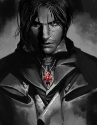  1boy arno_dorian assassin&#039;s_creed assassin&#039;s_creed:_unity assassin&#039;s_creed_(series) bad_id bad_pixiv_id hewdel jewelry long_hair male_focus monochrome necklace scar solo spot_color yellow_eyes  rating:Sensitive score:7 user:Chi-dmc