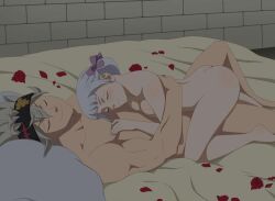  ass asta_(black_clover) bad_tag bed bed_sheet bedroom black_clover blush cuddling hair_ribbon head_on_chest headband holding_partner night noelle_silva nude petals pillow ribbon rose_petals smile twintails valentine&#039;s_day 