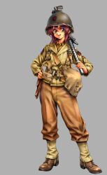  1990s_(style) 1girl 34th_infantry_division absurdres blue_eyes boots brown_pants browning_m1919 combat_helmet commentary commission gaiters grey_background gun helmet highres jacket longmei_er_de_tuzi looking_at_viewer machine_gun military_uniform original pants pixiv_commission purple_hair retro_artstyle smile solo uniform unit_patch united_states_army weapon world_war_ii yellow_jacket 