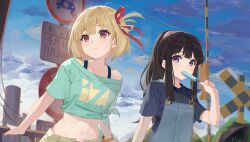  2girls absurdres artist_name black_hair black_shirt blonde_hair blue_overalls blue_shirt bracelet cloud commentary commentary_request eating english_commentary food grey_shorts hair_ribbon highres holding holding_food holding_ice_cream ice_cream inoue_takina jewelry light_smile long_hair looking_to_the_side lycoris_recoil midriff mixed-language_commentary multiple_girls navel nishikigi_chisato overalls p1n ponytail purple_eyes red_eyes red_ribbon ribbon road_sign shirt short_hair shorts sign single_bare_shoulder sky tied_shirt 