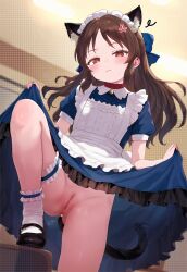  1girl anal_tail animal_ear_fluff animal_ears ankle_socks apron blue_dress blush bottomless bridal_garter brown_eyes brown_hair butt_plug cat_ears choker cleft_of_venus clothes_lift dress dress_lift fake_animal_ears fake_tail from_below groin highres idolmaster idolmaster_cinderella_girls indoors kirari_(hxv1835) legs loli long_hair looking_at_viewer looking_down maid maid_apron maid_headdress no_panties orange_eyes presenting presenting_pussy pussy sex_toy shoes short_sleeves smug socks solo standing tachibana_arisu tail tearing_up thighs third-party_edit uncensored white_socks  rating:Explicit score:356 user:schwarz-wohlf